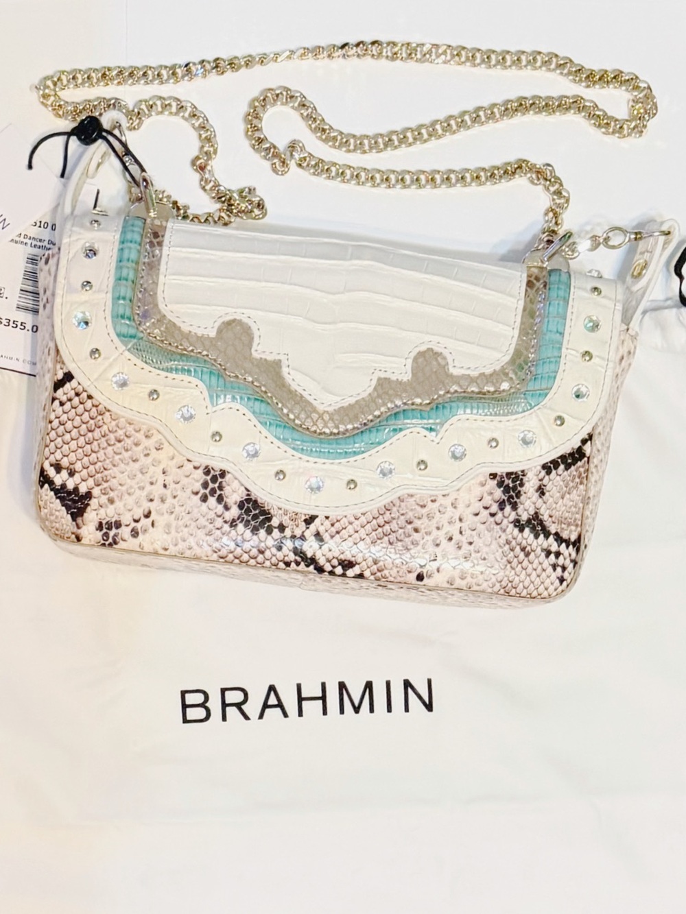 Brahmin NWT Leather Cream Croc-Embossed Convertible Bag w Teal & Brown Accents - Picture 15 of 15